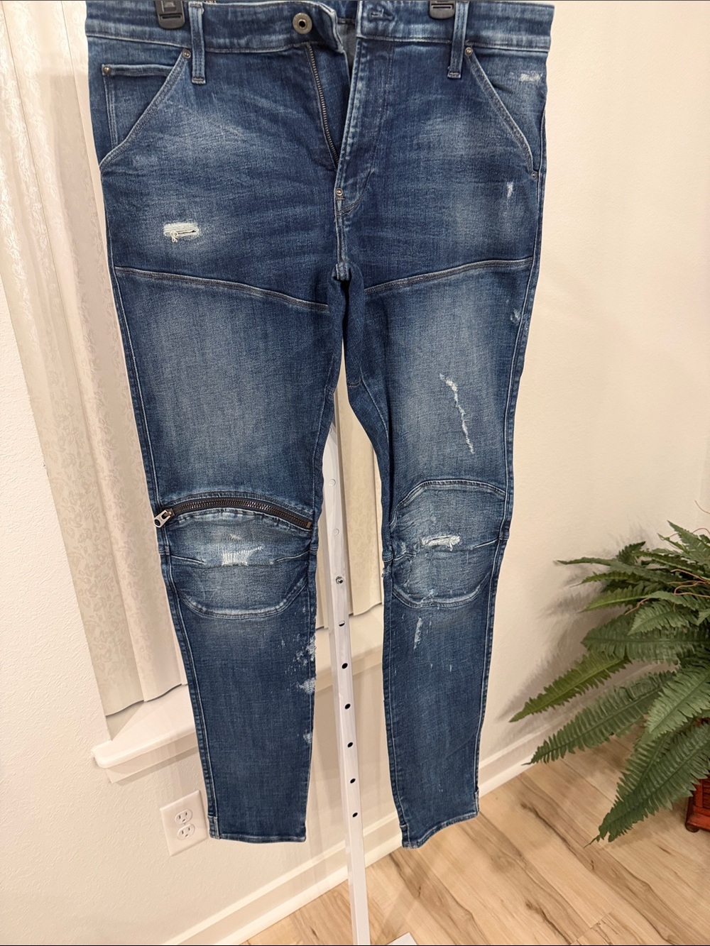Dark Blue Distressed Slim Moto Jeans